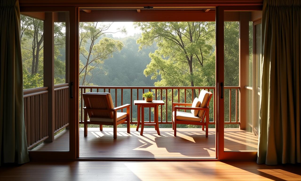 Private balcony of eco-lodge with comfortable seating, offering panoramic views of the Australian forest.